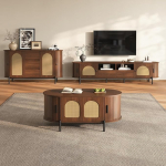 Wohnzimmer Set 3-teilig im Japandi-Stil, Landhaus M&ouml;bel Set inkl. TV-Schrank Sideboard & Couchtisch, M&ouml;belgarnitur Rattan-Optik mit Schiebet&uuml;ren und Metallf&uuml;&szlig;e Stauraum (Nussbaum)