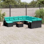 12-teiliges Gartensofa-Set schwarz Polyrattan mit Kissen - Gartenm&ouml;bel Set 12-teiliges schwarz als Gartensofa-Set Polyrattan und Garten Sofa Set