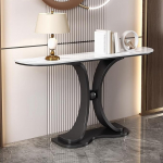 Schmaler Sofatisch - Heller, luxuri&ouml;ser Konsolentisch aus Grauer Steinplatte mit schwarzem Metallrahmen, Eingangs- und Wohnzimmerm&ouml;bel, Foyertisch (100 x 30 x 80 cm)