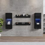 YAIXBNG 4 seinariiuli komplekt, LED seinakapp ja 2 riiulit - nutika rakenduse abil juhitav valgustus, k&otilde;rgl&auml;ikega viimistlus ja karastatud klaasuksed elutuppa, TV-ga &uuml;hilduv, TV-kappide komplekt, must