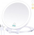 B Beauty Planet Cosmetic Mirror with Lighting 20x, Double-Sided 1x/20x Compact Mirror, with Adjustable Folding Handle, Cosmetic Mirror with Magnification, Rechargeable, 3 Colour Lights