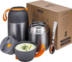 Thermal Container for on the go, 500 ml & 700 ml, Stainless Steel Warming Container with Foldable Spoon, for Food, Baby Food, Soup, Porridge, Yogurt, 2 Insulated Containers in a Set, Grey