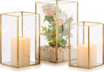 NUPTIO Lantern Glass Lantern Decoration: Gold Candle Holder Metal Set of 3 Large Candle Holders Wedding Table Decoration Pillar Candles Decorative Lantern Set Outdoor Christmas Living Room Table Top