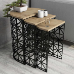 Modern Nesting Table Set (3 Pieces), Oak & Black, 100% Melamine Coated, Metal Frame, 18 mm Thick, Stylish & Functional for Home and Office