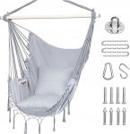Hanging Hammock Chair with Cushion - Max 150kg with Two Cushions, Hanging Hardware Set, Cotton Rope Rocking Chair for Indoor, Outdoor, Home, Patio, Garden (Grey)