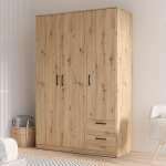 FORTE NIKO 122 Scandi stiilis garderoobikapp 3 ukse ja 2 sahtliga, puukomposiit, k&auml;sit&ouml;&ouml;nduslik tammedekor, laius 122 cm, k&otilde;rgus 185 cm, s&uuml;gavus 52,7 cm.