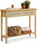 VASAGLE konsoollaud, koridorilaud, koridorim&ouml;&ouml;bel, kitsas diivanilaud elutuppa, 2 sahtlit, avatud riiul, &uuml;marad nurgad, boho stiilis, tammebeež LNT016Y57