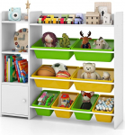 COSTWAY 4-Tier Kids Shelf, Toy Rack with 8 Storage Boxes, 2 Open Shelves & Cupboard, Toy Organiser Bookcase for Playroom, Nursery, Nursery Room, 120 kg Load Capacity