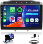 Hodozzy 8 Core 4G + 64G Android Autoradio Peugeot 308 408 2007-2015.9-tolline IPS puuteekraaniga navigeerimine traadita Carplay Android autoga, 2 DIN raadio Bluetooth DSP WiFi FM RDS tagurdamine