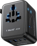 MOMAX 7-in-1 reisimisadapter maailmas 45W GaN, reisipistiku adapter maailmas 3 USB-C PD ja 2 USB-A QC, 2 AC, rahvusvaheline pistikupesa adapter UK EU USA JP, reisimisvahendid