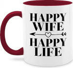 Tasse Tassen 325ml - Statement - Happy Wife Happy Life mit Pfeil - schwarz - 325 ml - Bordeauxrot - kaffetassen spr&uuml;che statements teetasse statement-tasse frohes neues jahr kaffeetasse new year