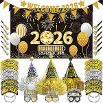 Aastavahetuse peo dekoratsioon 2026 - Happy New Year Background Banner, Welcome 2026 Banner, peapaelad, koonusem&uuml;tsid, klaasid ja peopuhurid