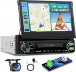 Inefala 2G + 64G Autoradio 1 DIN Android 15 7-tollise Flip-Out puuteekraaniga, traadita Carplay ja Android auto, raadio Bluetooth auto 1Din koos GPS, WiFi, RDS/FM, USB, SWC, mikrofon, tagurduskaamera