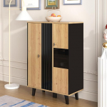 KAZZIO Side Cabinets Sideboard Display Cabinets with Glass and LED Lighting Includes Laminates Combining Black and Wood Colours Unique Black Wood Stripe Design