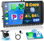 8 Core/4G + 64G 9-tolline autoraadio Android 15 VW Golf Tiguan Caddy Polo Touran koos traadita CarPlay Android auto GPS 59UI DSP SWC raadio FM/RDS WiFi + tagurduskaamera + mikrofoniga
