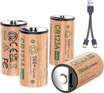 CR123A 4-pack laetavad liitiumpatareid, 2100mWh 3V, USB-C laadimisport, 500 ts&uuml;klit, &uuml;hildub taskulampide, meditsiiniseadmete, turvakaamerate, h&auml;ires&uuml;steemide ja laserpointeritega.