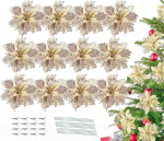 Pakend 16 j&otilde;ulukingi Glitter Poinsettia lilled koos klambritega, Poinsettia j&otilde;ululille glitter j&otilde;ulupuu kaunistamiseks, pulm j&otilde;ulupuu uusaasta kaunistused (&scaron;ampanja)