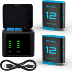 Pack of 2 Upgrade 2580 mAh Hero 12 aku ja LED 3-kanaliline USB-laadija, suure v&otilde;imsusega aku GoPro Hero 12/11/10/9 Black Enduro laetavatele kaameratele C-t&uuml;&uuml;biga