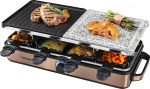 Bestron 2-in-1 Raclette Party Grill: Elektriline Raclette kuni 8-le inimesele, kriimustuskindel looduslik grillkivi ja mittekleepuv grillplaat, 8 panni ja 8 kraapijat, 1400 vatti, v&auml;rv: Vask