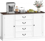 HOMCOM k&ouml;&ouml;gikapp, k&ouml;&ouml;gikapp 4 pehmelt suletava sahtliga, paks riiul, buffet-kapp reguleeritavate riiulitega, rustikaalne stiil, elutuppa, s&ouml;&ouml;gituppa, 147 x 40 x 87 cm, valge