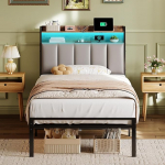ODK voodi 90 x 200 cm polsterdatud voodi, &uuml;heinimesevoodi, teismelise voodi, LED-valgustuse ja laadimisjaamaga (pistikupesa/USB), metallist voodiraam, ilma madratsita.