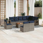 11-teiliges Gartensofa-Set mit waschbaren Kissen aus grauem Polyrattan inklusive Beistelltisch als komfortable Gartenm&ouml;bel Garnitur