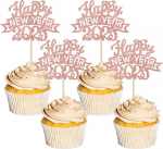 Ephlyn Cupcake-Aufs&auml;tze f&uuml;r 2025 Happy New Year 2025, Glitzer, Feuerwerk, Hello 2025, Cupcake-Picks f&uuml;r Cheers to 2025, Happy New Year Eve Thema, Urlaub, Party, Kuchendekorationen, Zubeh&ouml;r, Ros&eacute;gold,