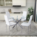 GOLDFAN Mesa de Comedor Cl&aacute;sica de Vidrio Templado Redondo Conjunto Mesa Cocina Moderna y Cuatro Sillas de PU para EL Comedor (valge)