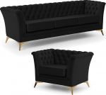 Komplekt Diivan 3 Sitzer Sessel - 2 St&uuml;ck - Samt - Goldene Metallf&uuml;&szlig;e - Freistehend - Whitby Schwarz