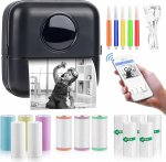 GuKKK Mini Printer, Mobile Photo Printer, Portable, Wireless Thermal Printer, with 13 Rolls of Printer Paper and 5 Colouring Pencils, for Learning Aid, Learning Notes, Journal, Notes, List