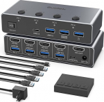 SUIDEK HDMI KVM l&uuml;liti 4 PC 1 monitor, 8K @ 60Hz/4K @ 144Hz KVM l&uuml;liti 3 USB A+1 USB C 4 arvutile, mis jagavad 1 monitori, klaviatuuri, hiire ja printeri, sisaldab 4 USB-kaablit / kontrollerit / 12 V toide