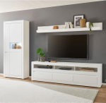 Lomadox Living Room Set in Matt White Modern with LED Lighting and Interchangeable Handle Strip Display Cabinet Lowboard Wall Shelf with Soft Close 3 Pieces