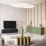 Wohnm&ouml;bel Set Wohnwand in schwarz matt und olivgr&uuml;n mit Eiche, 2-teilig mit Lowboard, Sideboard, modern, grifflos