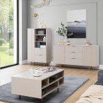 Marmex Nubia 7 elutoa komplekt: Elutoakomplekt kahes v&auml;rvitoonis (kasmiir + kuldne beež): Seisev riiul 04, kapp 02, kohvilaud 03, mitmeotstarbeline kabinetikomplekt elutuppa