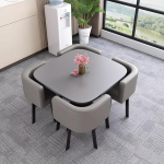 Moderner Couchtisch und 4 St&uuml;hle, modernes Set, stilvoller quadratischer Esstisch f&uuml;r Caf&eacute;, B&uuml;ro, Hotel, Milchteeshop, graues M&ouml;bel-Ensemble