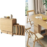 Multifunktionaler klappbarer Esstisch aus Massivholz mit 4 St&uuml;hlen, Tropfenblatt-Design f&uuml;r kleine R&auml;ume, ideal f&uuml;r K&uuml;che, Wohnung und Wohnzimmer, Aufbewahrungsl&ouml;sungen