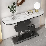 Zeitgen&ouml;ssischer Halbmond-Konsolentisch mit Schieferplatte, Langer Schmaler Beistelltisch, Kratzfest, Kreativer Vierbl&auml;ttriger-Kleeblatt-Sockel Gl&uuml;ck, Flurdekoration(Black B,150cm/59in)