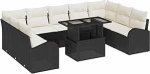 10-teiliges Garten-Sofa-Set mit Kissen Schwarz Poly-Rattan, 2-Sitzer Garten-Sofa mit Stauraum & Kissen Schwarz Poly-Rattan Gartenlounge Model3357440