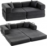 HOMCOM Klappbares 2-Sitzer-Schlafsofa, Schlafsofa, Chenille-Bezug, mit 2 Kissen, Breiten Armlehnen, Dicker Polsterung, Keine Montage erforderlich, f&uuml;r Schlafzimmer, Wohnzimmer, dunkelgrau