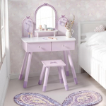 ROBUD Children's Dressing Table with Stool, Wooden Dressing Table Play Set with Mirror, Jewellery Hooks, Drawers & Accessories