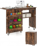 COSTWAY 2 in 1 Folding Sewing Table, Wooden Sewing Machine Cabinet with Shelves & Storage Compartment, Sewing Cabinet with Lockable Wheels, Sewing Machine Table, Craft Table for Living Room, Bedroom