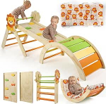7-in-1 Montessori ronimiskolmnurkade komplekt koos liuguri, ronimiskaare ja pehme padjaga, puidust ronimisraam beebidele ja v&auml;ikelastele alates 1-3 aastat, siseruumides m&auml;nguvahend, kokkupandav ja turvaline (Lion)