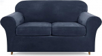 Lamberia High Elastic Sofa Cover for 2 Pillows, Couch, Two-Seater, 3 Pieces, Thick and Washable, Plush Velvet Sofa Slipcover, Furniture Protector for Dogs, Pets and Kids (Navy, Loveseat-L)
