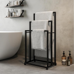 FOUBAM Towel Rail, Hand Towel Rack, Freestanding with 3 Towel Rails, Bathroom Towel Holder, Steel, Bathroom Towel Rail, Black
