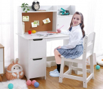 Laste puidust lauakomplekt, laste kirjutuslaud koos tooliga, &otilde;pilaslaud koos raamaturiiuli, kabineti ja teadetetahvliga, noorte kirjutuslaud lastele alates 3. eluaastast, valge