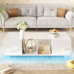 Merax kohvilaud k&otilde;rge l&auml;ikega valge elutoa laud LED-valgustusega, klaasist lauaplaat (kriimustuskindel), elutoa laud koos k&uuml;lgmise hoiuruumiga, 120 x 50 x 38,5 cm, 120 x 50 x 38,5 cm.