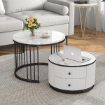 Kohvilaud 2 &uuml;mmarguse k&uuml;ljelaua komplekt Marmori efektiga kohvilaud koos 2 sahtliga Kombineeritud k&uuml;ljelaud 60 x 60 x 45,5 cm + 50 x 50 x 32 cm Valge ja kuldne 1