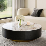 POVISON &Uuml;mmargune kohvilaud, k&uuml;ljelaud, marmorist kohvilaud hoiuruumiga, 2 sahtlit kohvi ja s&uuml;learvuti jaoks, valge ja must, 100 x 100 x 36 cm