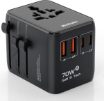 Hichain Worldwide Travel Adapter, 70 W rahvusvaheline pistikupesa adapter, reisipistik 2 USB-A ja 2 USB-C kiirlaadimispordiga, universaalne adapter Euroopasse, USA-sse, &Uuml;hendkuningriiki, Jaapanisse, reisimisadapter, must