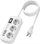 Tai pistikupesa, 3-kohaline Tai pistikupesa adapter 2 USB-C ja 2 USB A, paisumiskaitse ja 1,5 m pikkune kaabel, O-t&uuml;&uuml;pi reisiadapter.